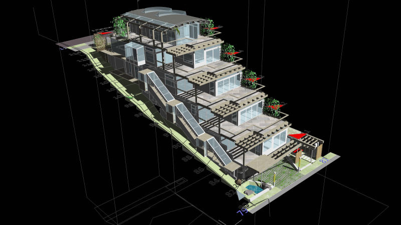 Following and Maintaining an Environmentally Sensitive Topography the Multi-Condominium Development Steps Up With Staggered & Terraced Green Roof Areas to Create  Private Luxurious Exterior Green Patios  with Hanging Garden’s Character 