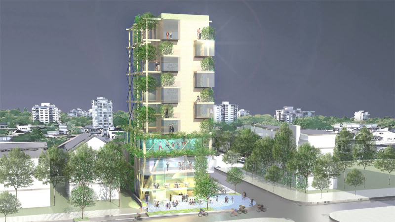 : Image of the ‘Smart Urban Island’ building in Vancouver as Uber-house type building    Sustainable high-rise densification and infill project. This new innovative concept proposes expanding above (Uber)  an existing residential building. Resulting in an all-inclusive vertical live & work village residential/commercial type of building, enabling residents to balance career and private life/family