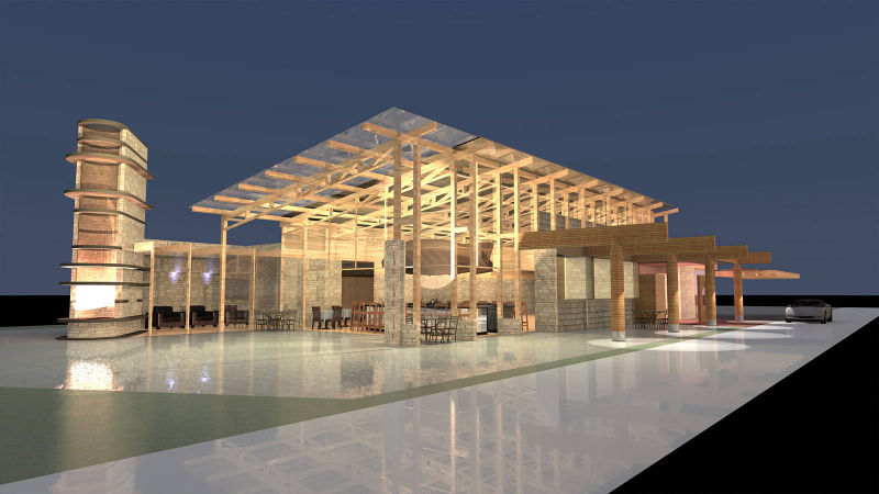 Architectural Rendering of Oceanfront Resort Restaurant featuring Fine Dining, Bar and Grill with Grand Fireplace
